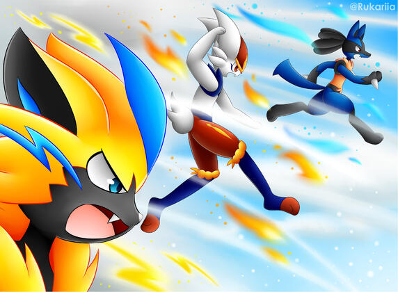zeraora, cinderace, lucario zeraora, cinderace, lucario