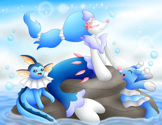 primarina, brionne, vaporeon primarina, brionne, vaporeon